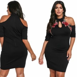 Rose Applique Cold Shoulder Bodycon Dress