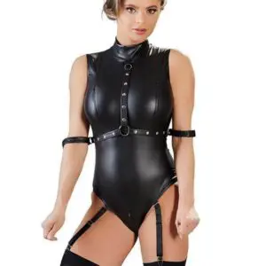 Sexy Faux Leather Fetish Open Crotch/Bust Zips & Arm Restraints Bodysuit