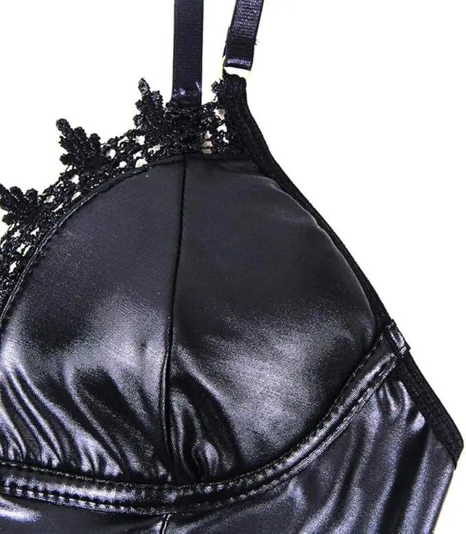 Sexy Faux Leather Lace Choker Garter Chemise - Image 9