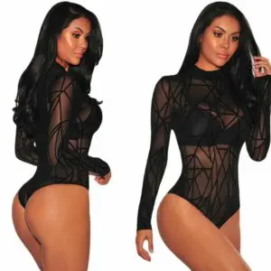 Sexy Sheer Mesh Geometric Velvet Bodysuit