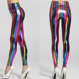 Sexy Wet Look High Waist Shine Rainbow Multi Coloured Stripe Leggings