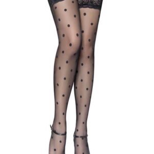 Sexy Sheer Black Polka Dots Hold Up Stockings With Floral Lace Top