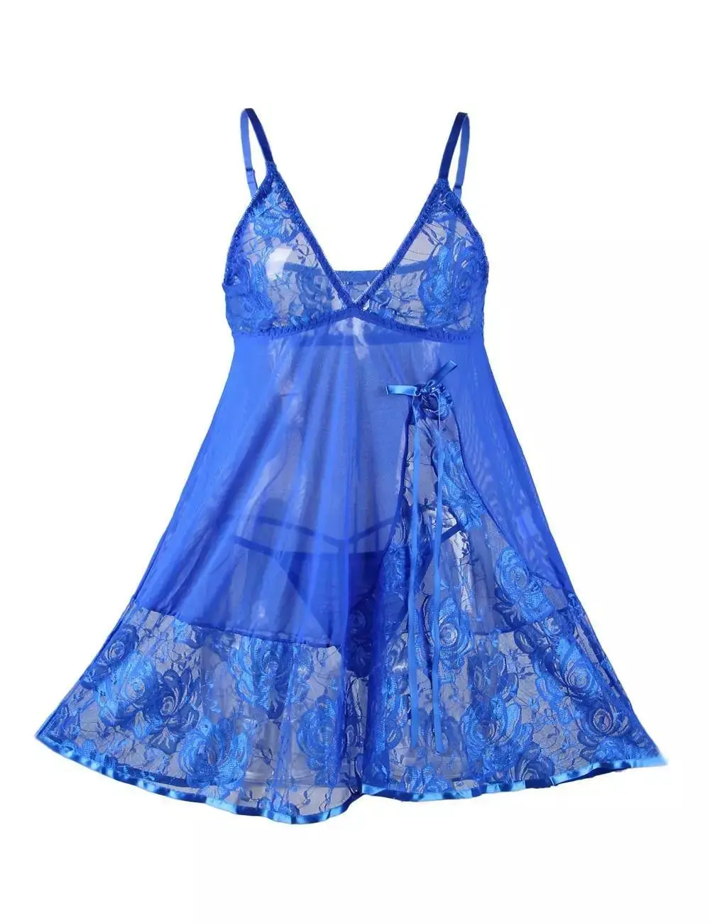 Sexy Electric Blue Floral Lace Sheer Babydoll - Image 5