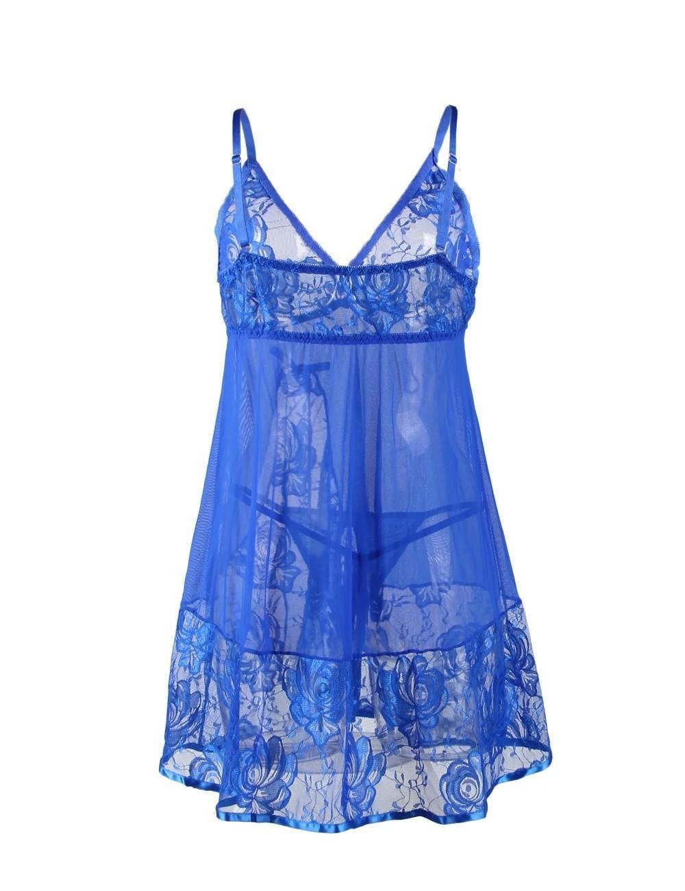 Sexy Electric Blue Floral Lace Sheer Babydoll - Image 6