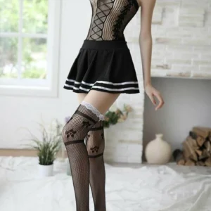 Waitress Maid Net Fancy Dress Servant Costume With Stockings