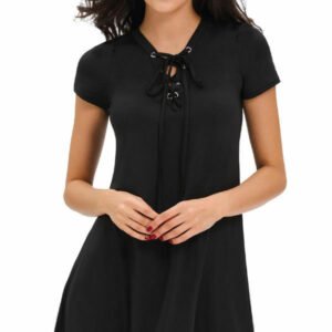 Ladies Lace-up Plunge V-neck Skater Swing Eyelet Flared Mini Dress