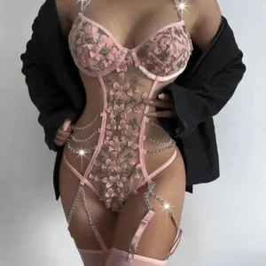Pink Embroidered Floral Chain Suspender Teddy