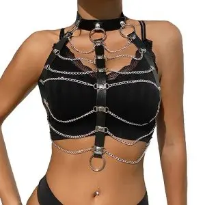 Punk Layered Body Chain Black Leather Bra Caged Harness Choker Bra Chains