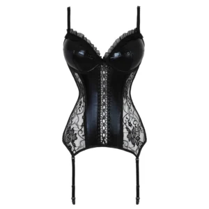 Black Wet Look Leather & Lace Boned Corset Set