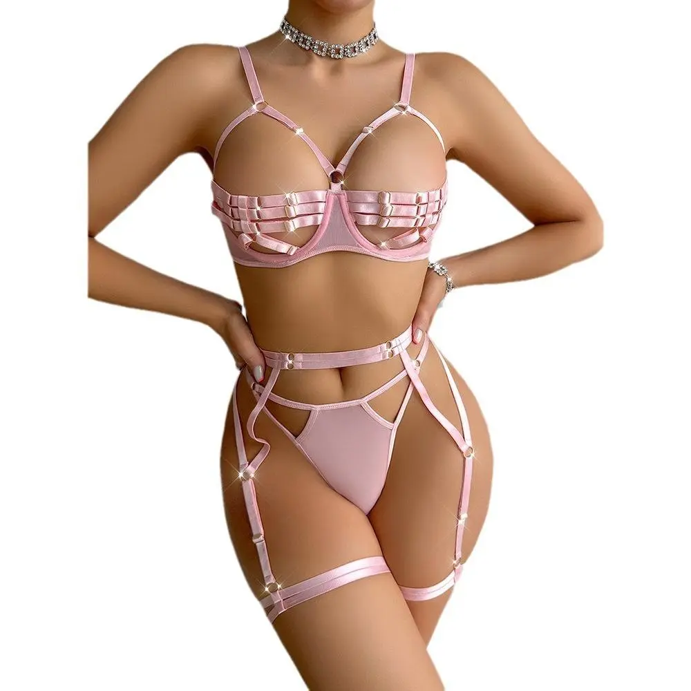 Pink Cut Out Strap Garter Bra Set - Image 5