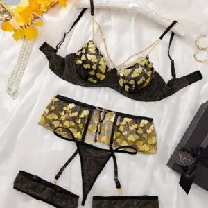 Sexy Gold Heart Chain Stardust Bra & Garter Set